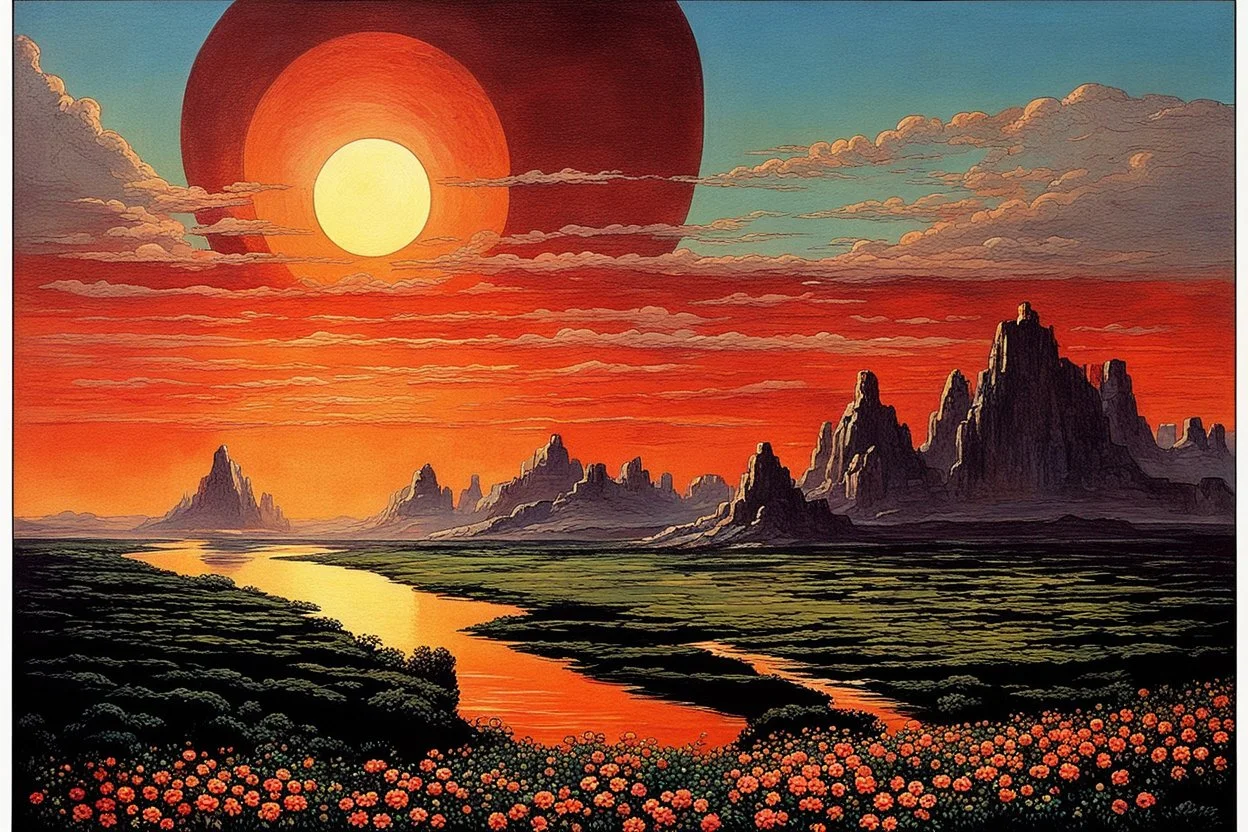 Beautiful epic sunset, logan's run 1976 movie influence, cosmic, people, rocks, holiday influence, river, flowers, very epic and philosophic, otto pippel impressionism paintings