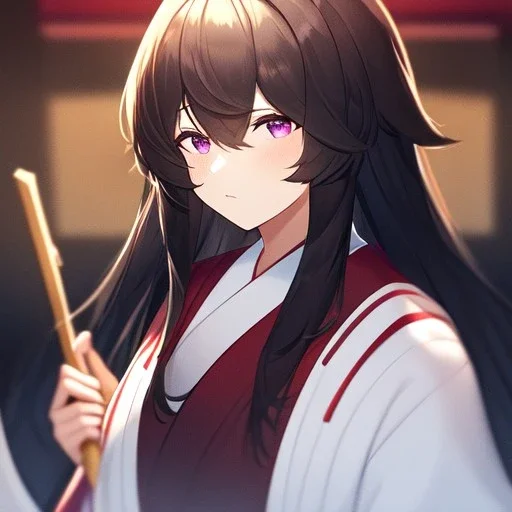 Clear focus,High resolution,8k, Beatiful Lighting, black short fluffy hair, long fluffy bangs, purple eyes, wearing a miko outfit, extreme close up