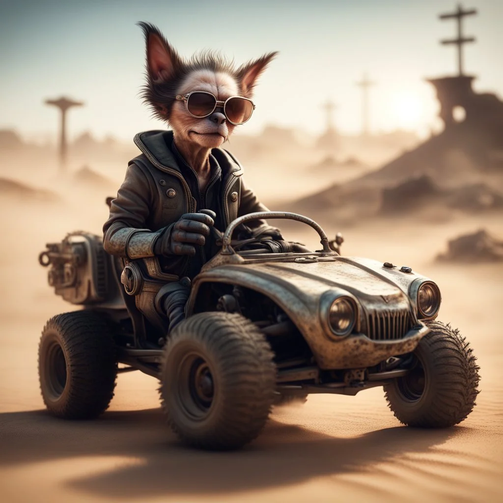 airbrush with pen outline, cool space mad max pimp Christopher Walken gremlin with a dune buggy that looks a bit like a dog wearing driver gloves, wearing flip down sun glasses, in the style of a fallout 4,bokeh like f/0.8, tilt-shift lens 8k, high detail, smooth render, down-light, unreal engine, prize winning