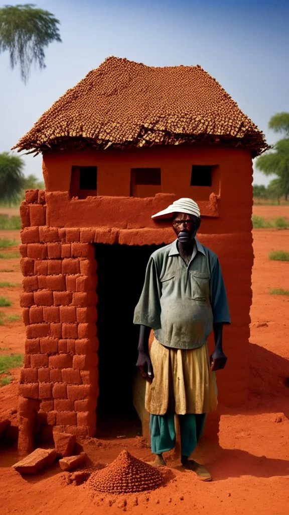 Sudanese man farming, brick house on farm