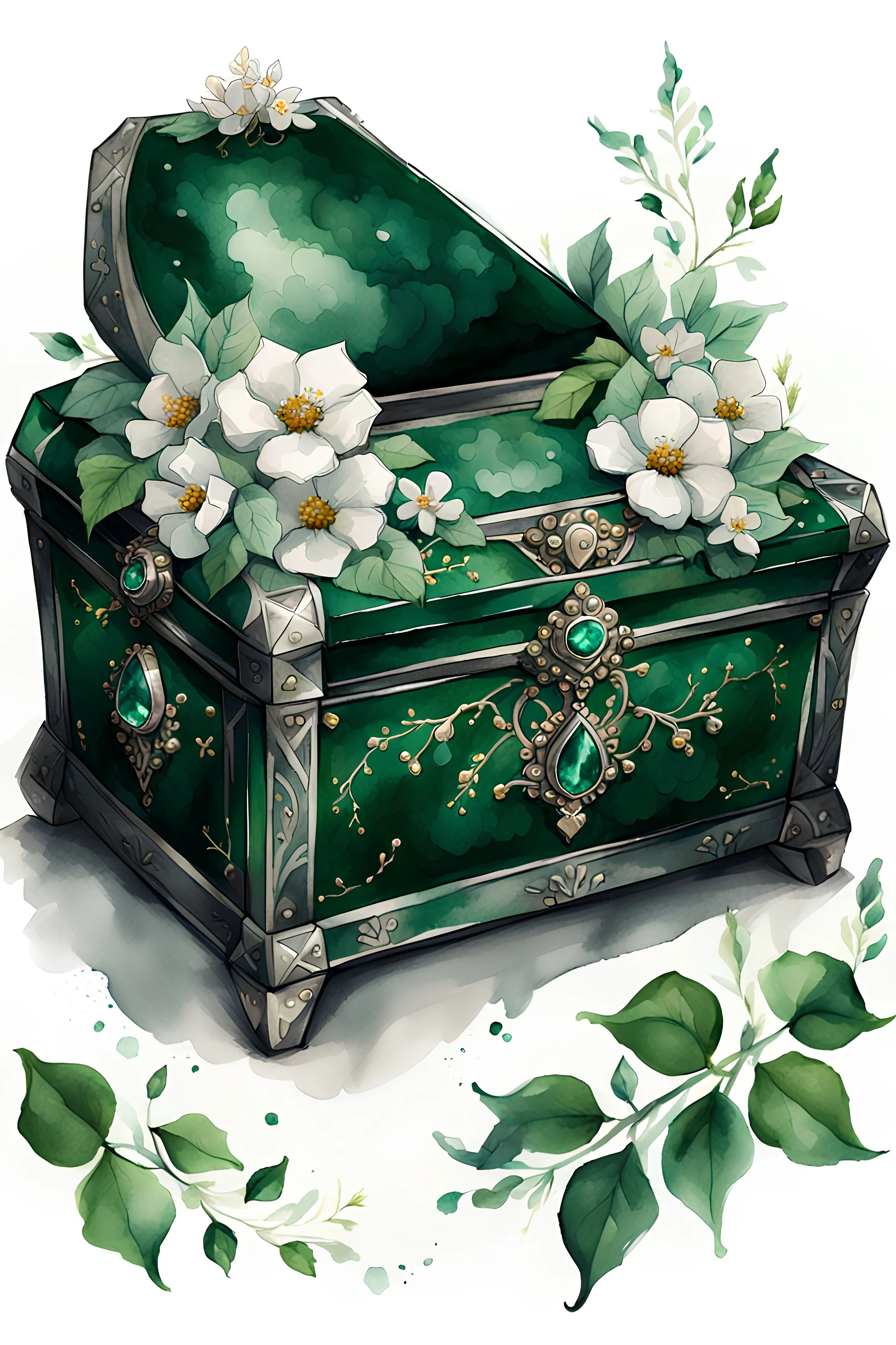 watercolor drawing of a dark green chest with emeralds and flowers and white lace, on a white background, Trending on Artstation, {creative commons}, fanart, AIart, {Woolitize}, by Charlie Bowater, Illustration, Color Grading, Filmic, Nikon D750, Brenizer Method, Side-View, Perspective, Depth of Field, Field of View, F/2.8, Lens Flare, Tonal Colors, 8K, Full-HD, ProPhoto