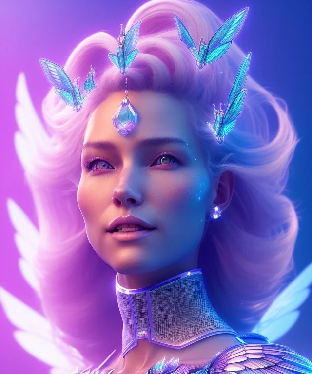 A smiling crystalised queen, atmospheric, realistic, unreal engine, cinematic lighting, octane render. blue, pink, transparency, light, shine,bright, full body, transparent wings, blonde, long hair, nice smile