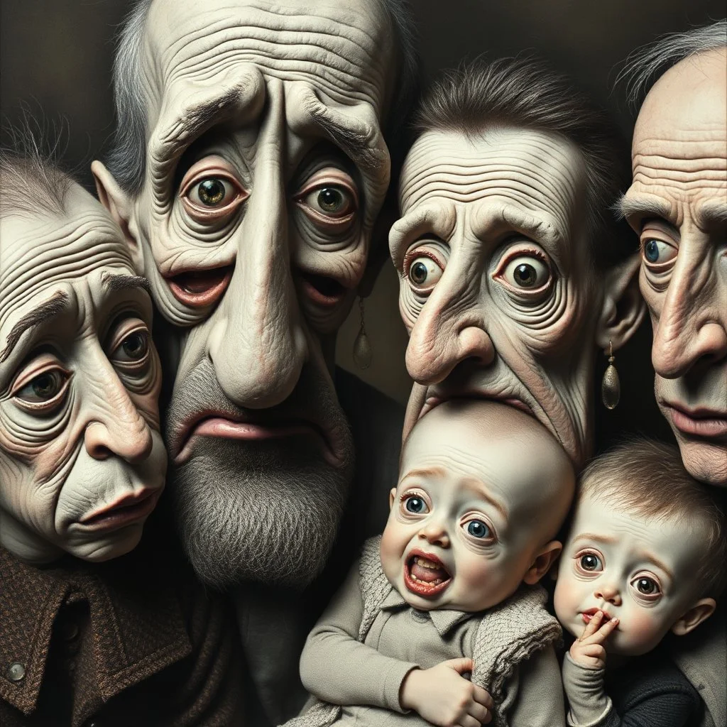 The oddest family, details of the faces very accentuated, Max Ernst style, oniric, details, analogic photography, George Grosz, James Ensor, distorted, blatant, gross