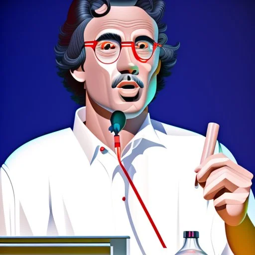 vector illustration man with a 50 centimeter long nose speaking at a lectern with microphone, (((black background))), white, black and red colors