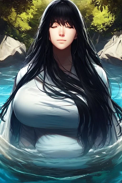 a beautiful woman, long curly black hair,closed eyes,coming from beneath the water,braking the surface with her face just coming out the water,looking up symbolism for breaking free. realistic,8k quality, action close shot from areal view,highly detailed , chaos 80