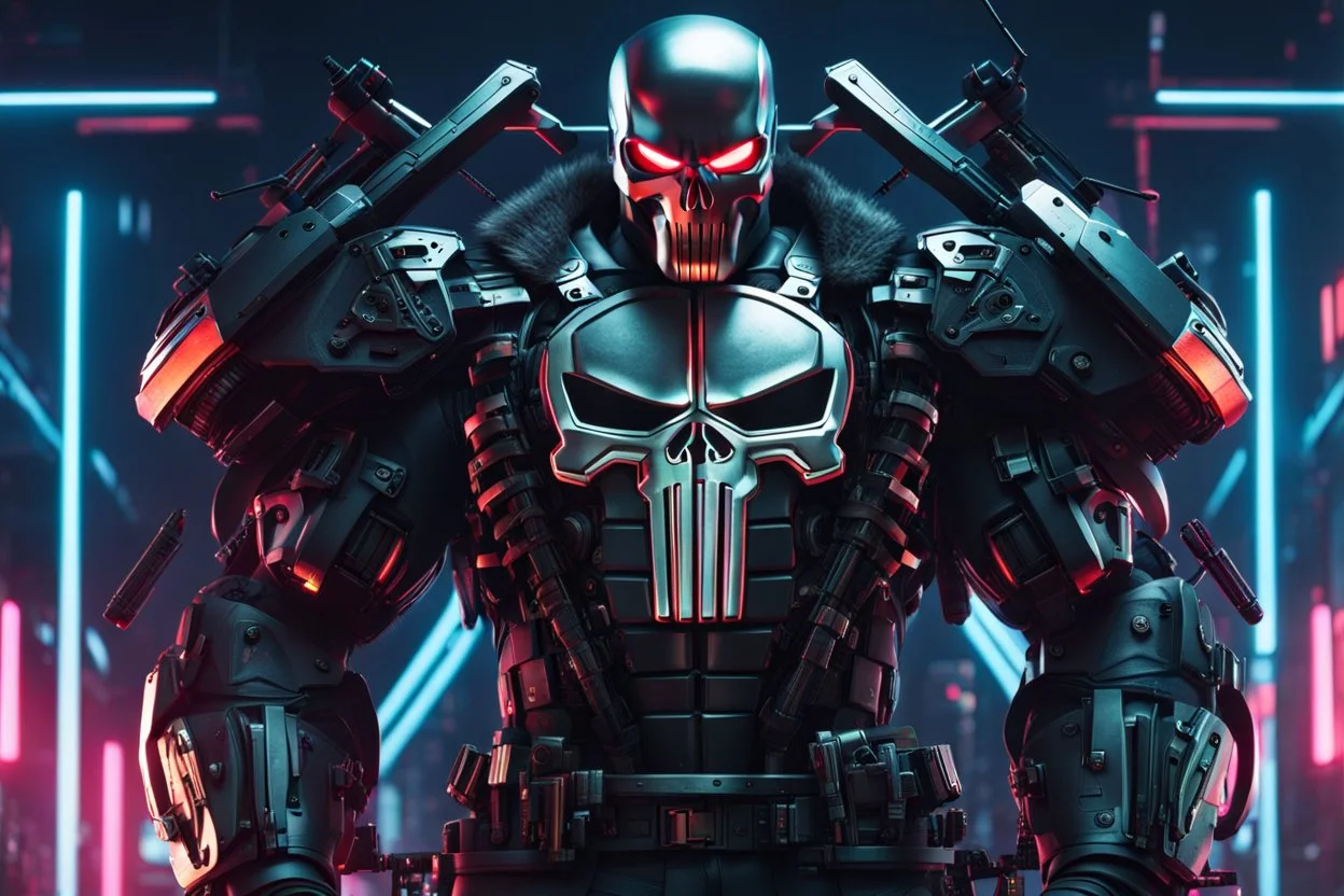 Punisher with Body parts mechanism in 8k cgi cyberpunk drawing style, samurai custom, close picture, neon, intricate details, highly detailed, high details, detailed portrait, masterpiece,ultra detailed, ultra quality