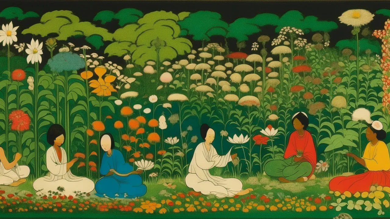 An illustration by Rothko and Kuniyoshi of of individuals practicing yoga surrounded by blooming flowers and lush vegetation.