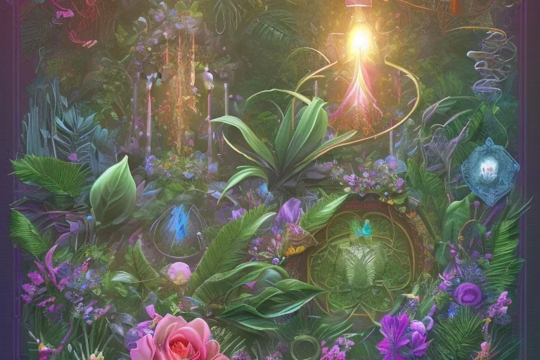 Tropical flowers,heart drawing, crystals, tropical leaves, sacred altar, Fantasy temple