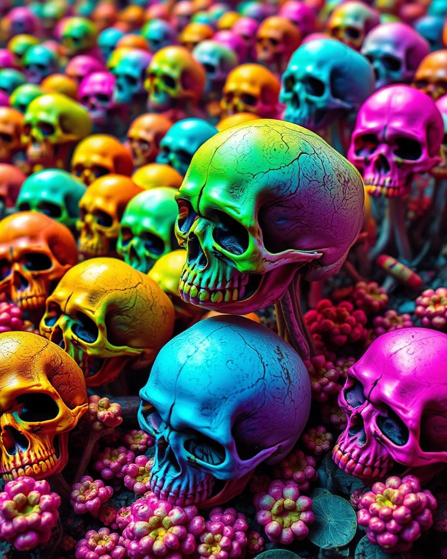 a field of skulls growing from the ground like fungus, multi colored, bright, vivid, psychedelic high detailed, matte, bunches and bubbled up clumps, horrorcore, vines, unsettling contrast