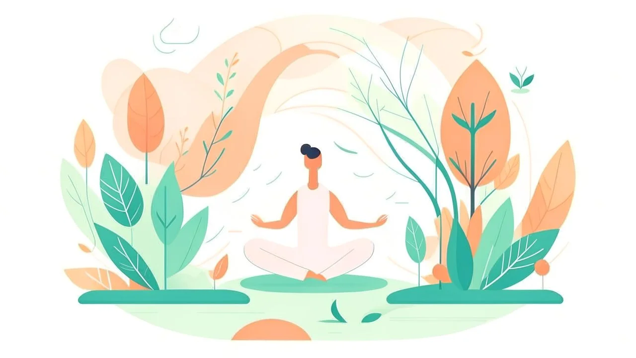 Create a Big and bold illustration with white background for a yoga and well-being website. Use a soothing color palette and depict a tranquil yoga scene with a yogi in several yoga poses surrounded by nature.