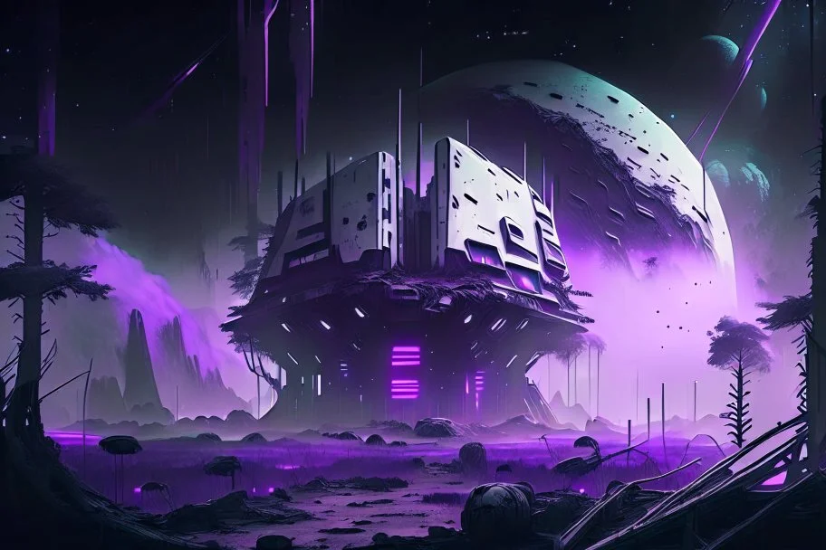 Futuristic Settlement, White Building, Alien Planet, Corrupted Forest, Dense Purple Fog, Dead Soil, Black Night Sky, Stars, Space, Distant Planets