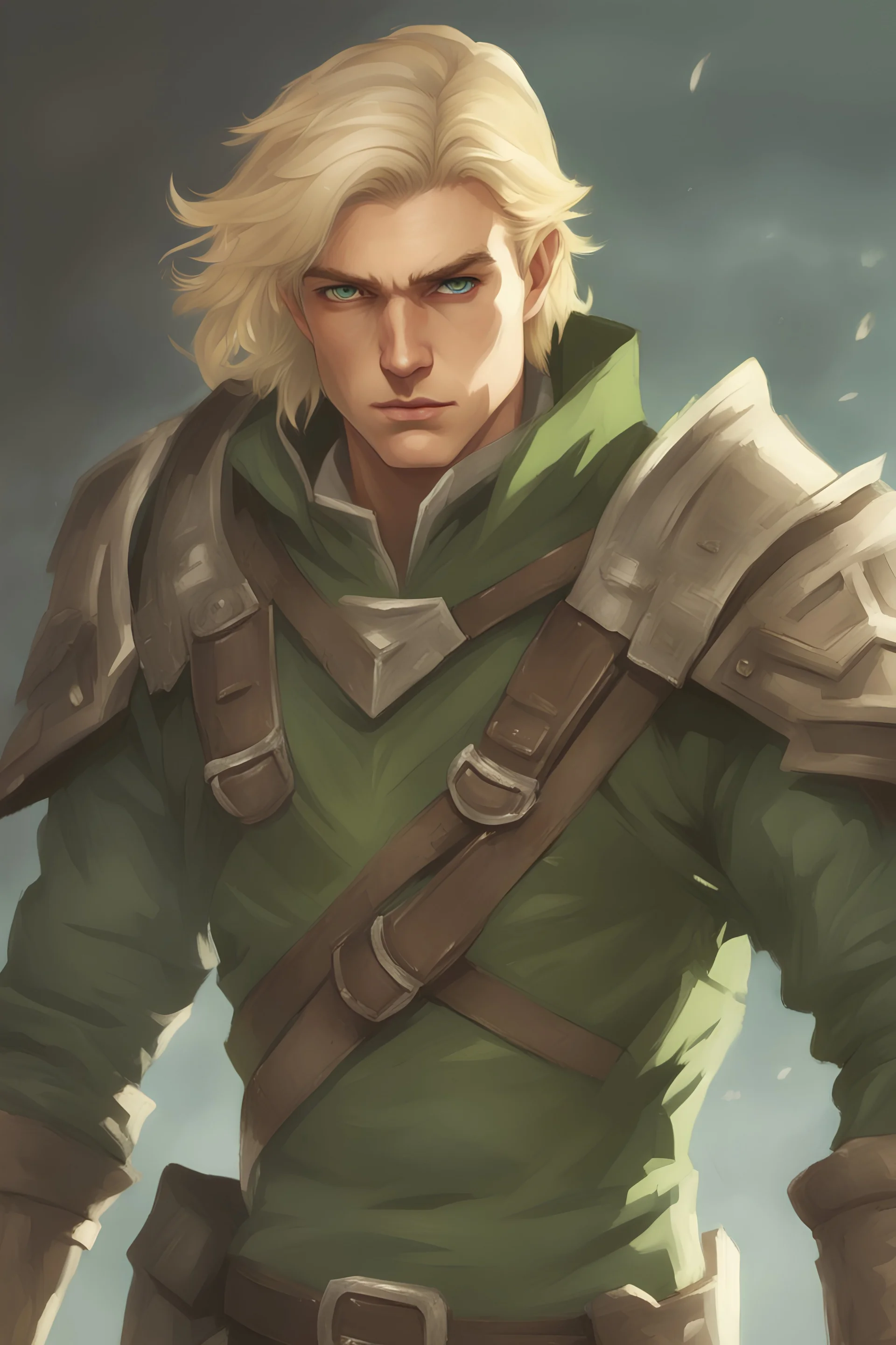 Male ranger variant aasimar with blonde hair green eyes and rugged clothing
