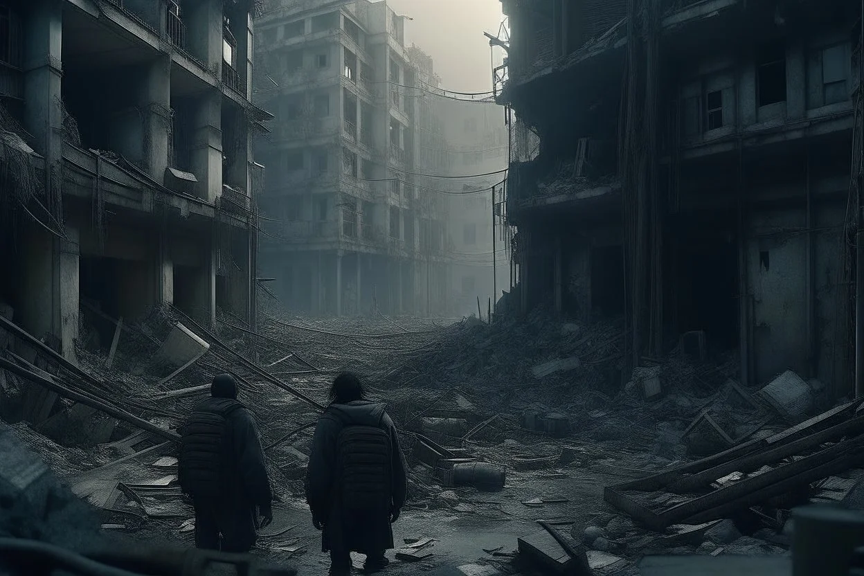 human design, breaking down into pieces, cinematic image, 16K observe a dystopian scenario, destroyed and abandoned city from a side close-up