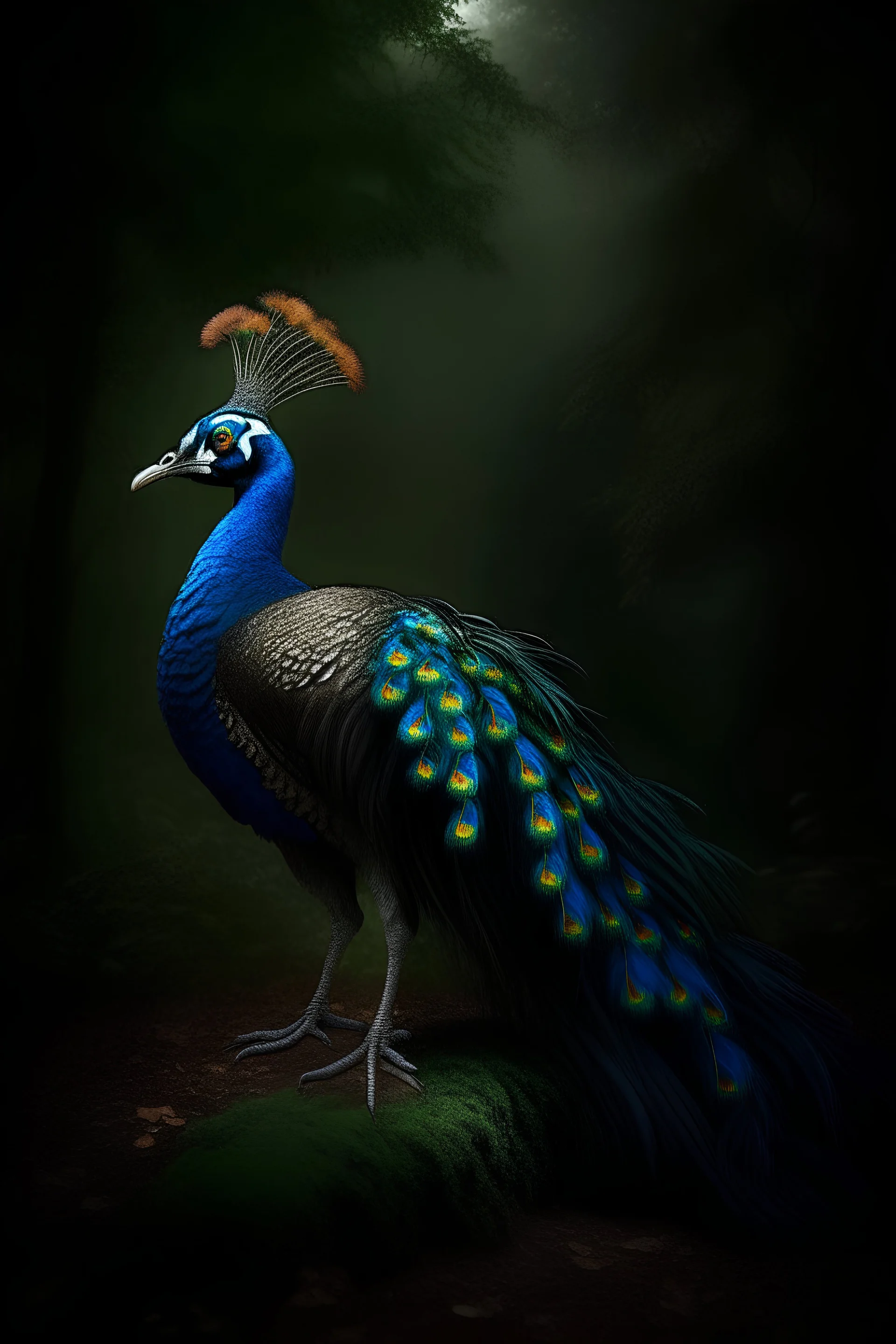 A magnificent (((peacock))), adorned in intricate ((Victorian clothing)), with its gaze fixed solemnly ahead, standing ominously against a backdrop of a (dusk-filled forest)