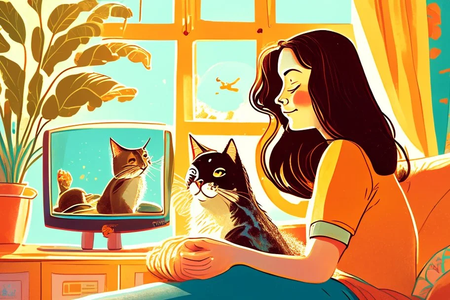 beautiful brunette woman watching tv with a cat, children's book illustration in style of Brigette Barrager, Sven Nordqvist and Nicole Rubel in sunshine