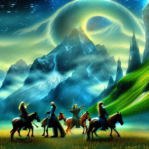 Epic Drawing of scenery with humans on horses of The LOTR estilo Van Gogh 4k