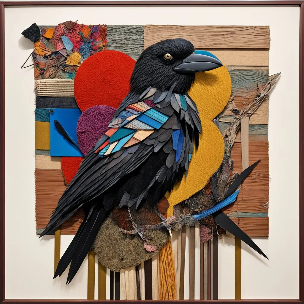 Collage of various mediums making up an abstract crow image, metal and glass and fabric and corduroy and wood and paper and velvet and yarn, various rough textures, sharp contrast, sharp juxtaposition of materials, colorful, sharp focus, maximalism, by Olek