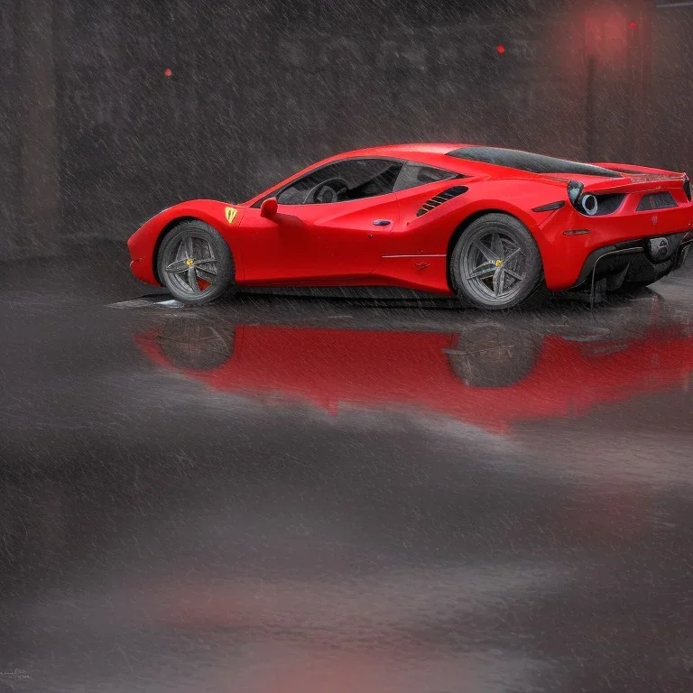 red Ferrari 488 in the rain at night with a lot of reflections