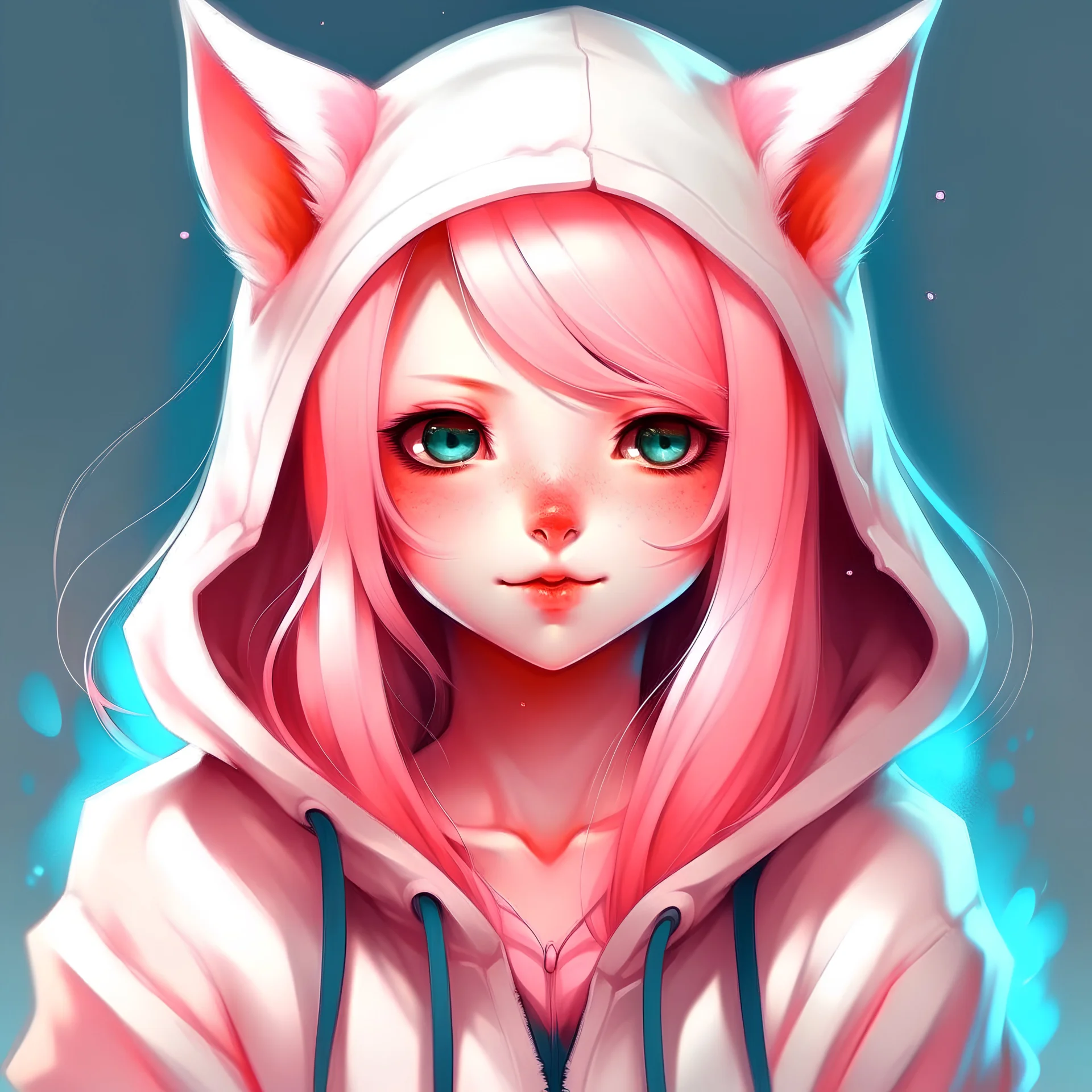 kitsune girl pink hair blue eyes and white hoodie