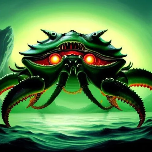 ultra detailed fullbody Drawing of Sea monster Gigantic green Alien Crab on the shore ,open mouth, with sharp teeth, with glowing red eyes,with humungus pincers, extremely detailed digital painting, intrincate, extremely detailed face,crystal clear Big eyes, in the style of Frank Frazetta, mystical colors , perfectly centered image, perfect composition, rim light, beautiful lighting, 8k, stunning scene, raytracing