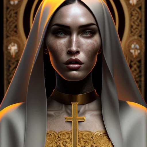 portrait of megan fox as a sultry nun, catholic, church, bible, christian, intricate, headshot, highly detailed, digital painting, artstation, concept art, sharp focus, cinematic lighting, illustration, art by artgerm and greg rutkowski, alphonse mucha, cgsociety