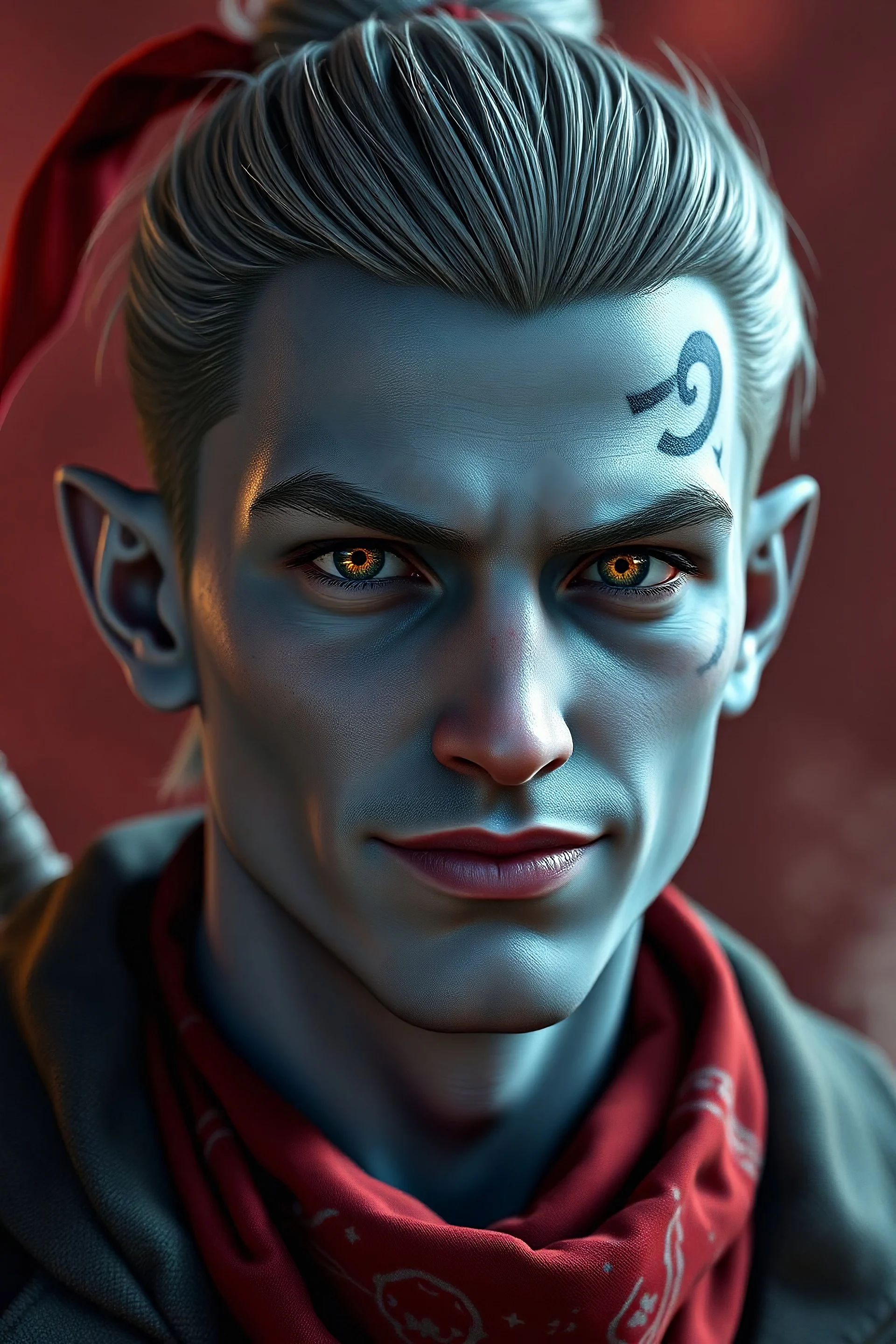 high resolution photoreal 26 year old male with blue skin and pale golden eyes. His gray-blue hair is pulled back into a bun with an undercut fade. His mouth ticks upwards in a mischievous smirk and his ears are slightly pointed. A red bandana hangs around his neck. intricate tattoo on right of scalp. in the style of fantasy movies, photorealistic, smooth shading, ultra detailed, high resolution, cinematic, unreal 6, subtle shadows, octane render, 8k, cinema 4d, HDR, dust effect