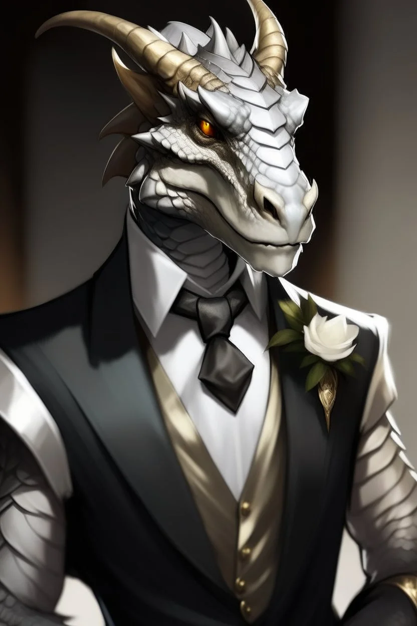 A silver Dragonborn from dnd wearing a tuxedo