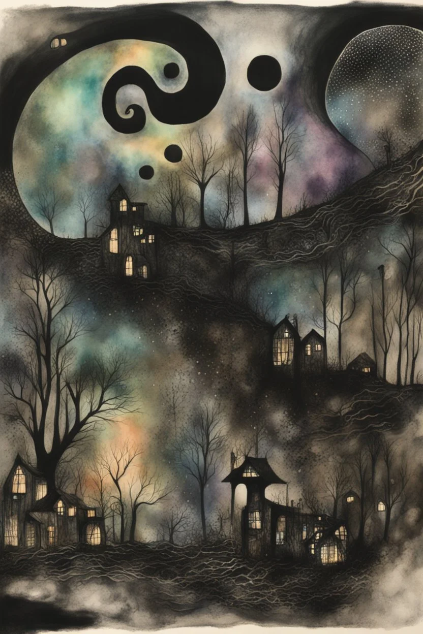 Liminal Dreamscape nightmares; Primitive Art; Ink Wash; Black With Iridescent Pastels