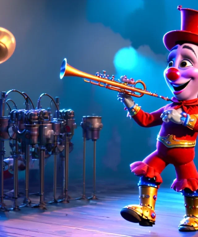 mechanoid clown playing jazz with a steampunk theme, trumpet, realistic