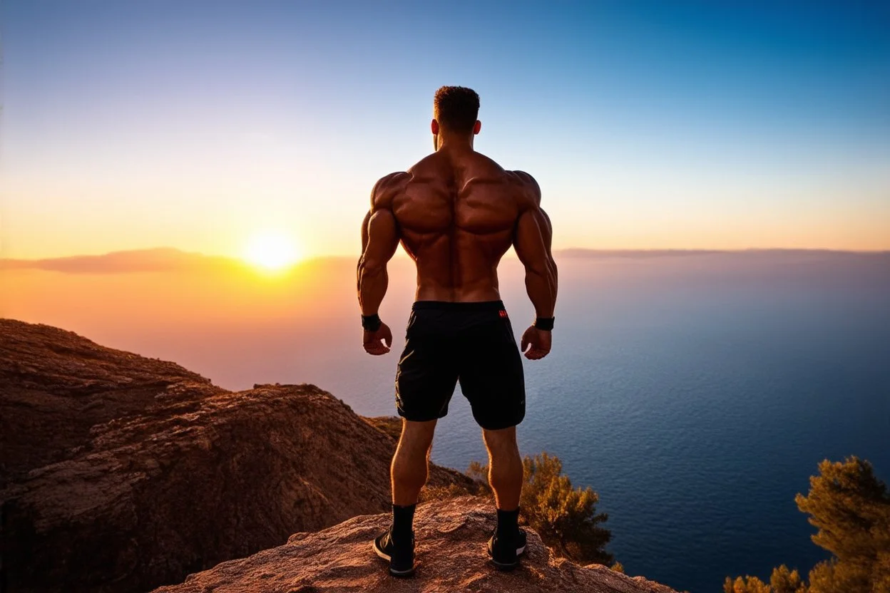 a muscular man views sunset from a cliff