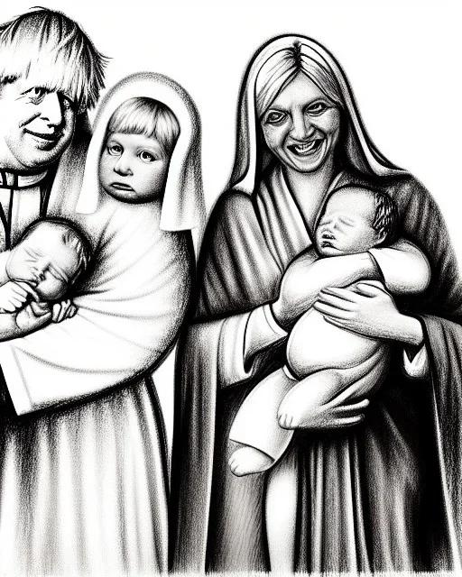 Boris Johnson and Liz Truss as a nativity scene with baby Jesus pencil and charcoal sketch