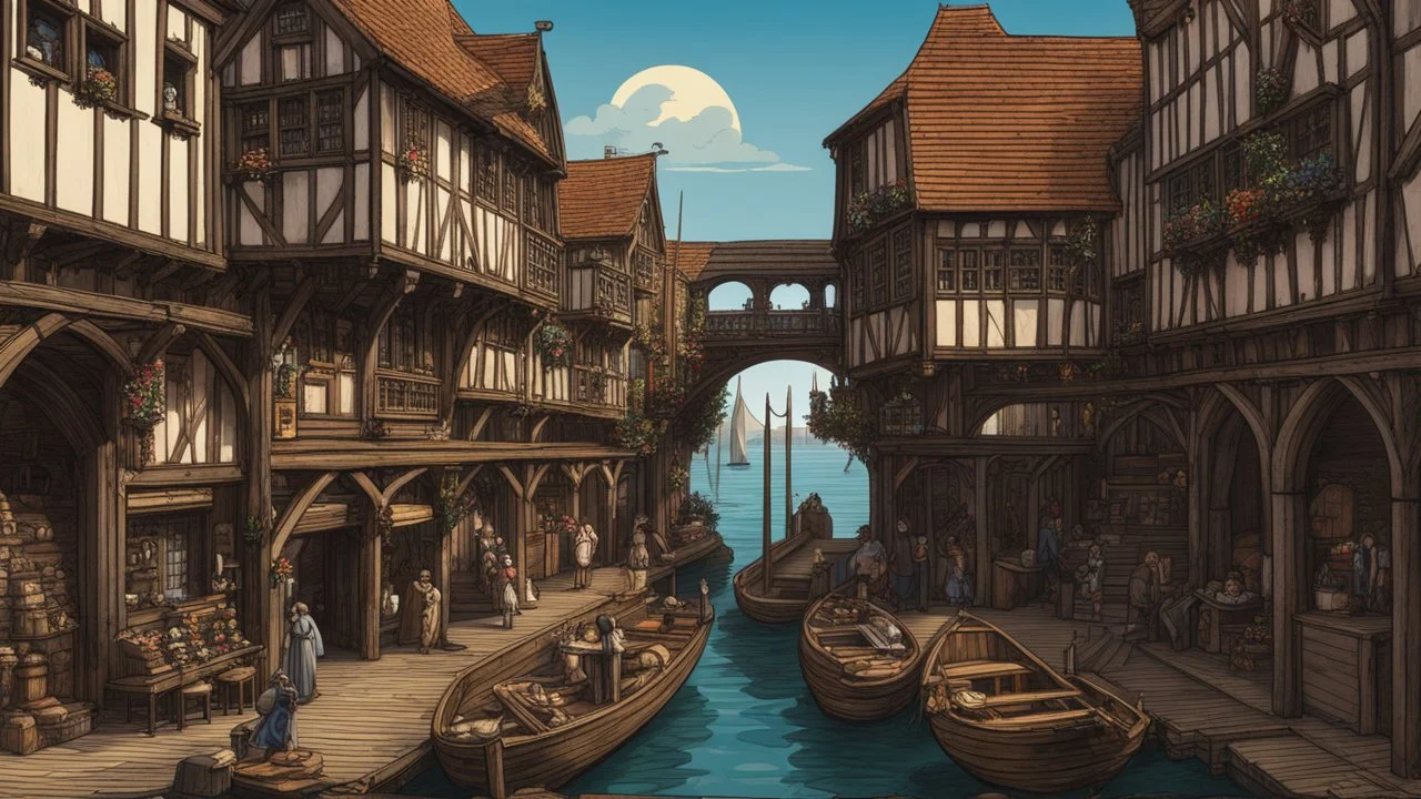 gothic medieval wooden harbour with piers and ships, people, shops, bridges, arches, balconies, taverns, blue sky