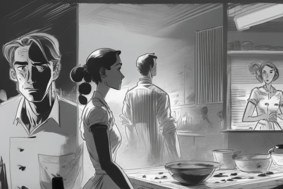 black and white storyboard, wide, on the Foreground there is a man and a girl in profile close to the camera, we see just part of their bodies passing by, and in the background, 3 chefs, scattered throughout the kitchen cooking, frying, cutting