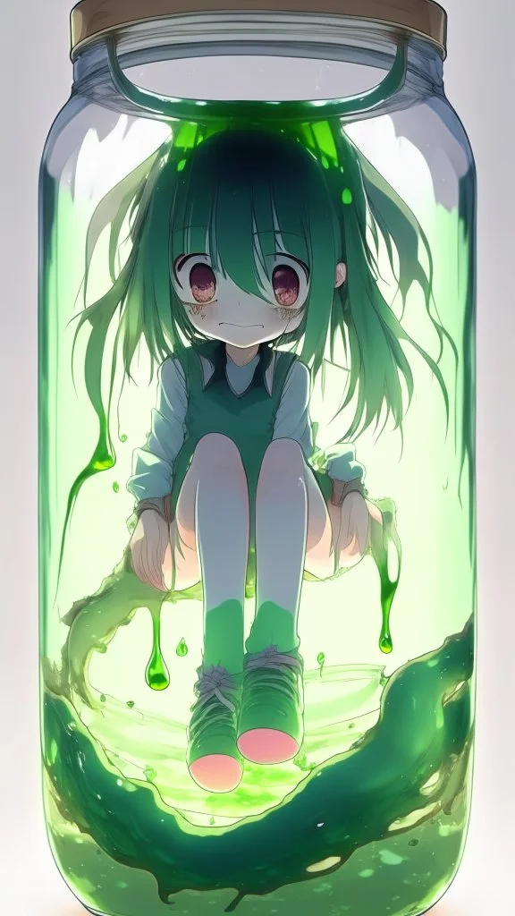 moody anime girl, scared face trapped in a jar with slime, feet point view,