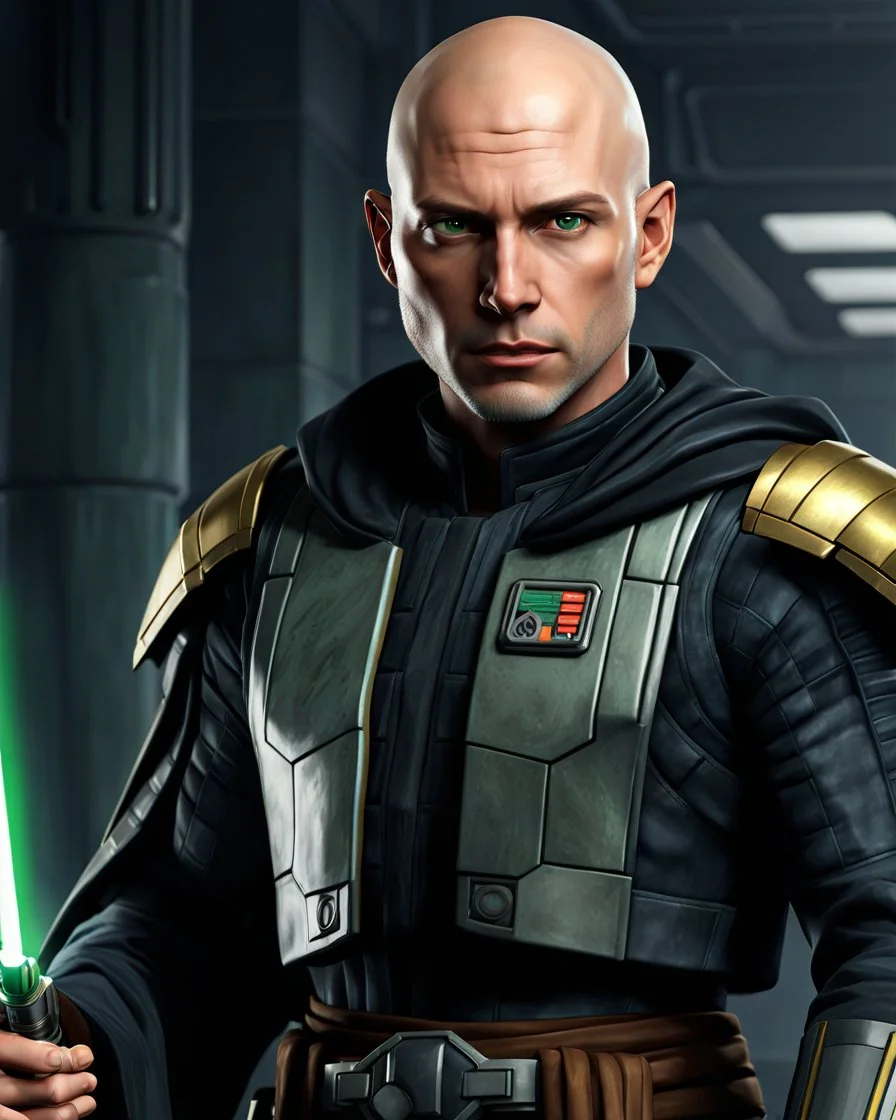 star wars bald male corellian jedi pilot wearing black and gunmetal grey old republic armored robes with gold trim inside the jedi temple holding a lightsaber with viridian green blade in left hand, centered head and shoulders portrait, hyperdetailed, dynamic lighting, hyperdetailed background, 8k resolution, volumetric lighting, light skin, fully symmetric details