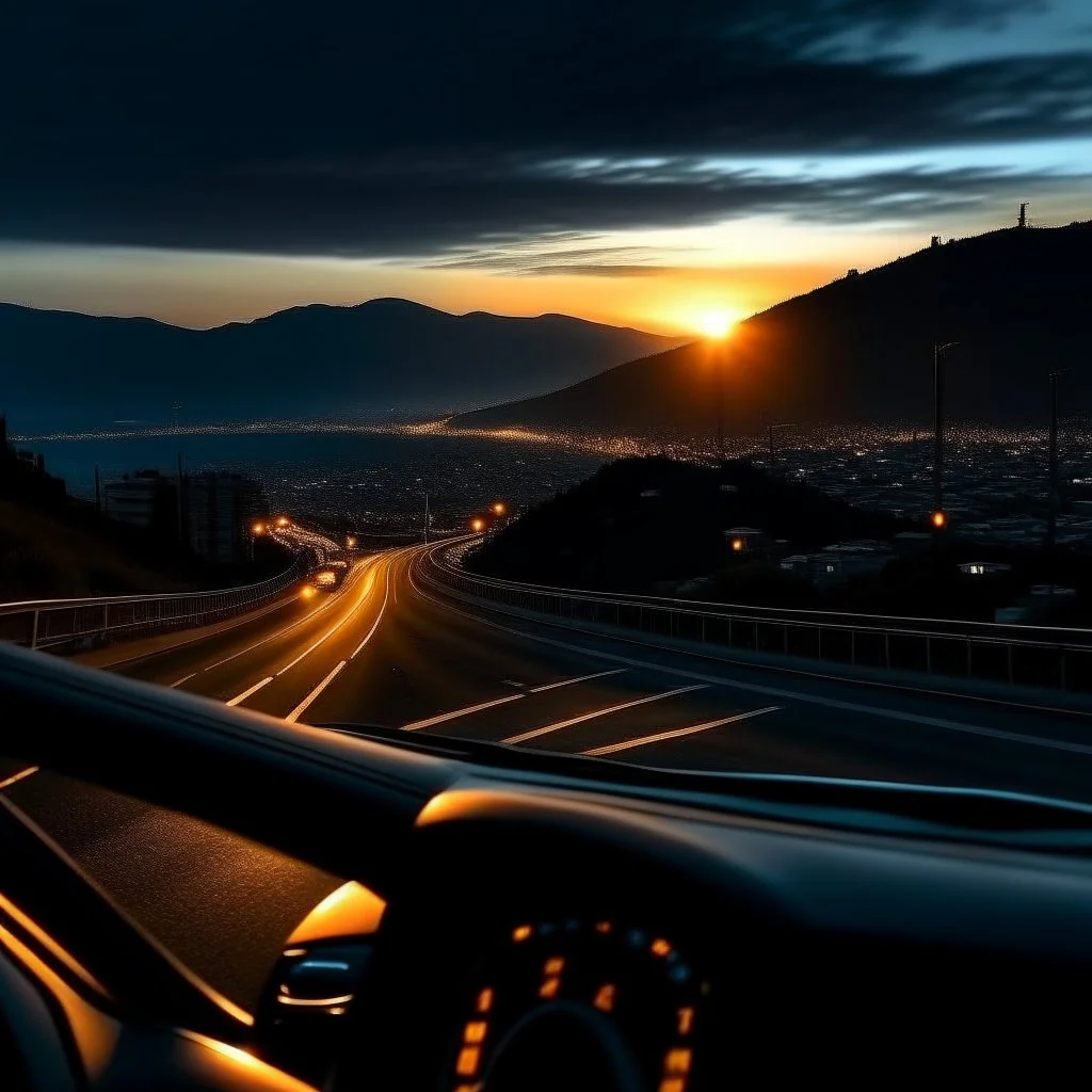 night time, a car dashboard lighting up, a dark mountain road in the windscreen, with a beautiful city in the distance, rising sun, photo quality