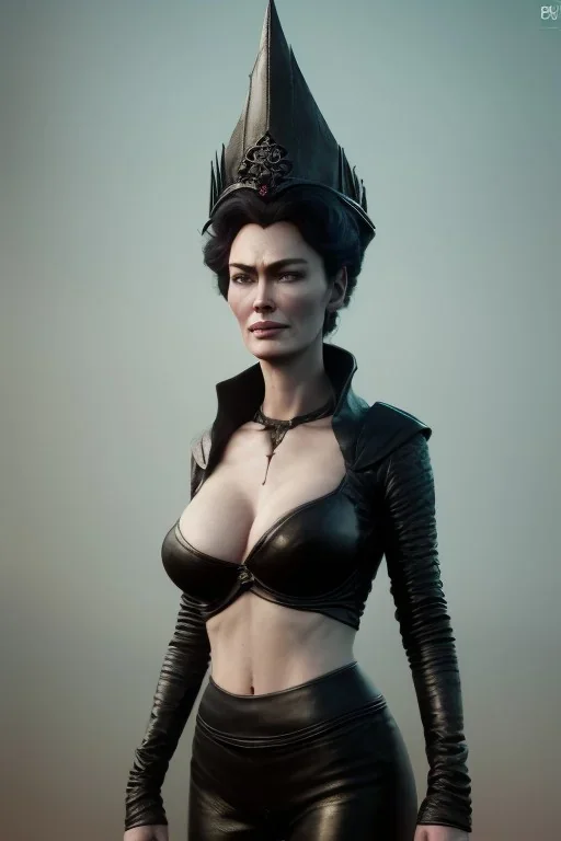 Lena Headay as evil queen in black leather leggings, busty, cleavage, voluptuous, angry, stern look. character design by cory loftis, fenghua zhong, ryohei hase, ismail inceoglu and ruan jia. unreal engine 5, artistic lighting, highly detailed, photorealistic, fantasy