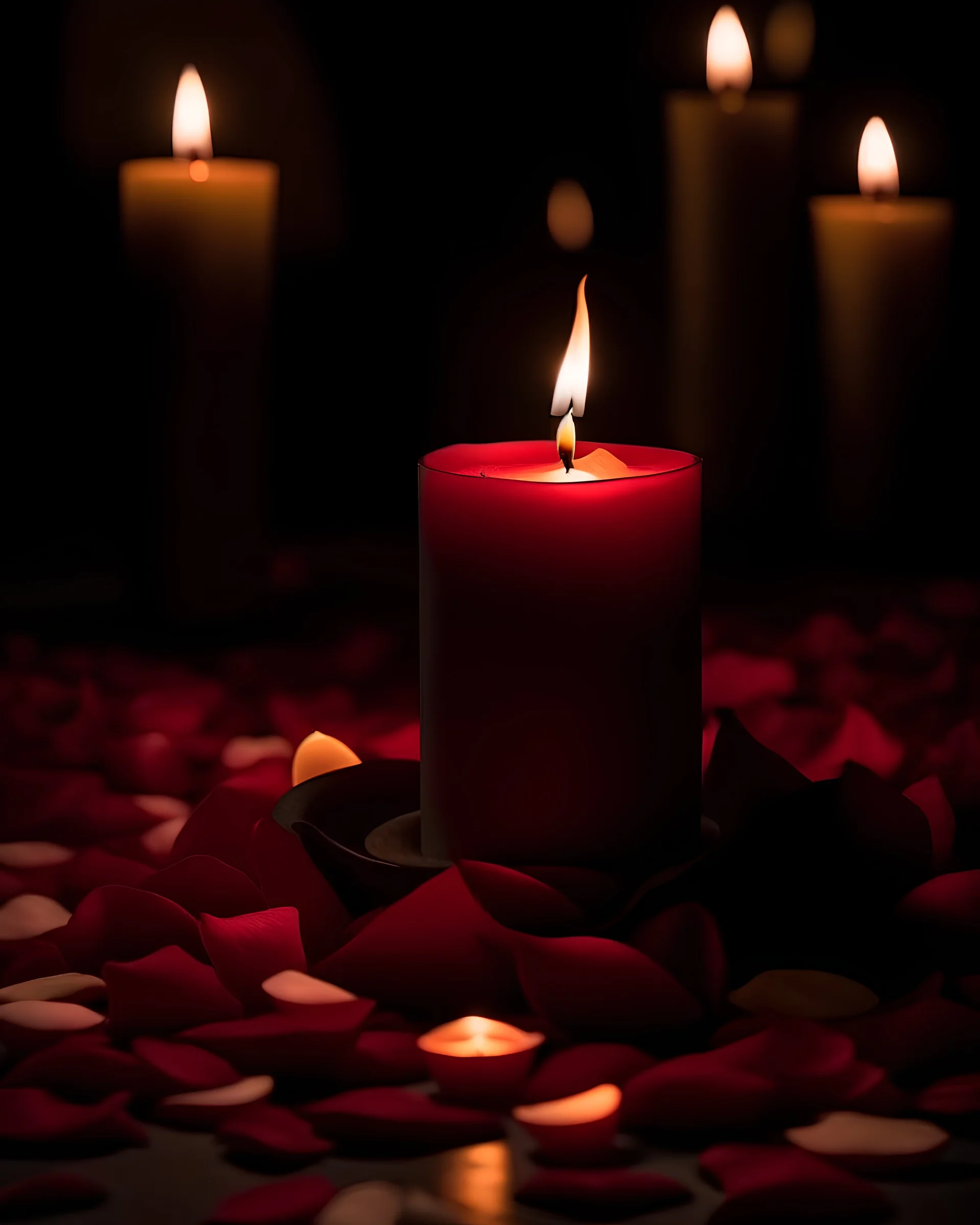 A close-up shot of a single lit candle standing tall amongst a bed of fresh rose petals. The petals are gracefully scattered around the candle, creating a visually appealing contrast between the flame, the petals, and the surrounding darkness.