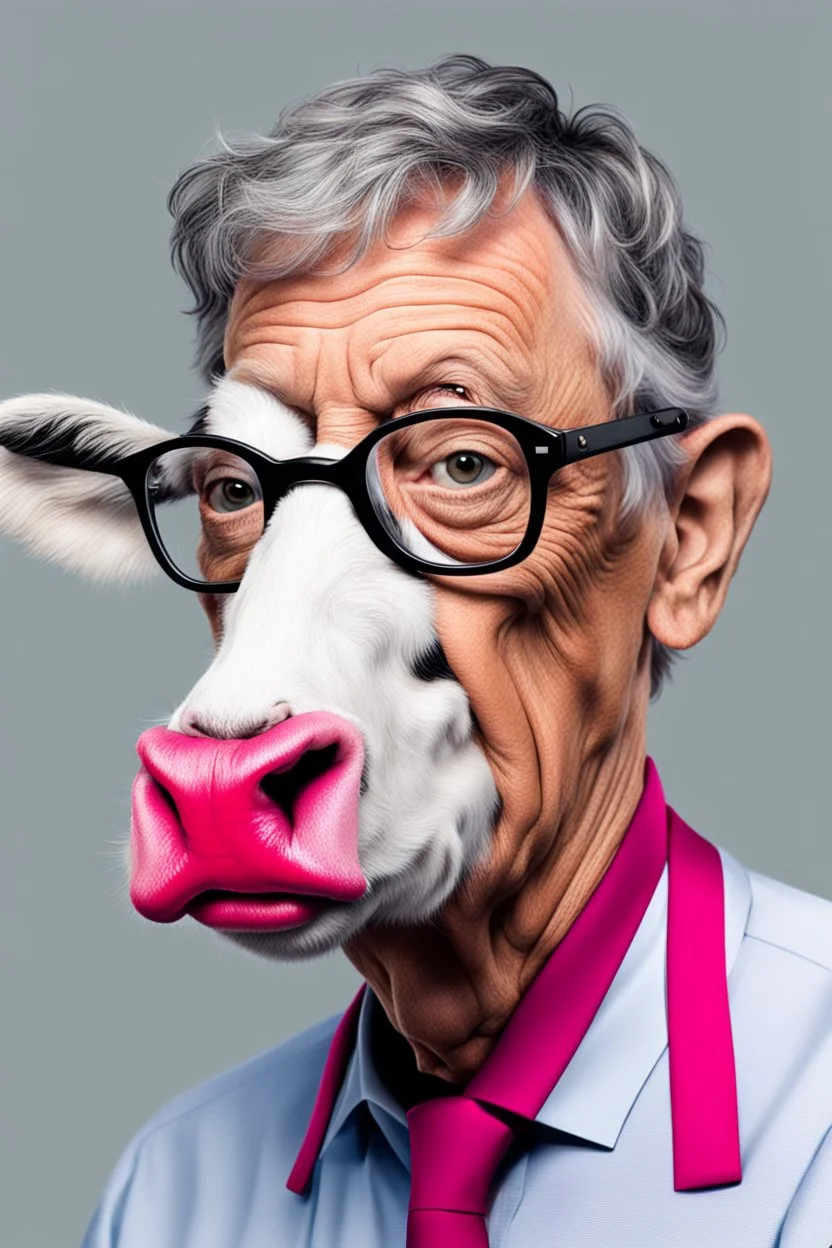 half grey haired half bald Bill Gates with a cow with lipstick mouth