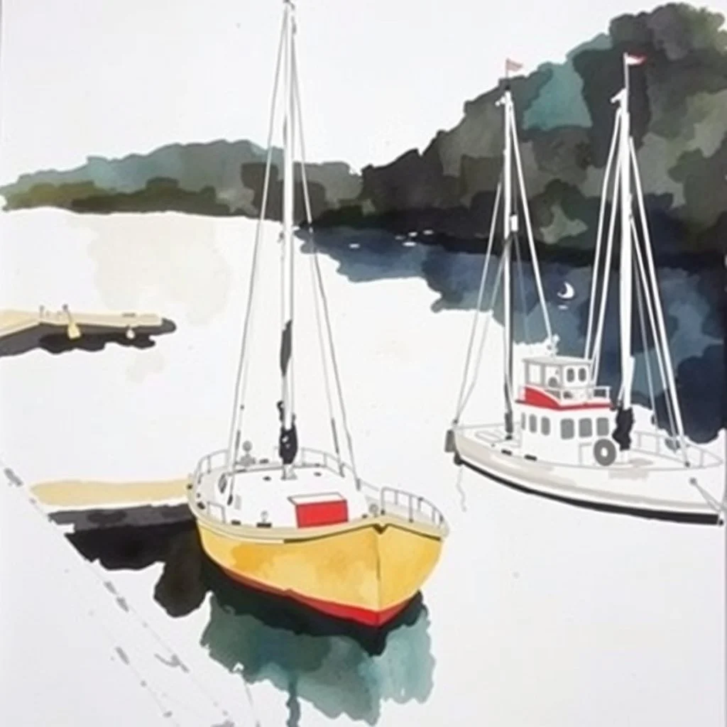 Harbor scene, minimalism, style of John Lovitt, watercolor and ink with thick paint textures, lots of negative white space