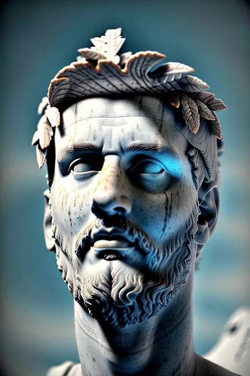 Ultra Realistic image, roman sculpture, white marble material, Lionel Messi, Laurel leaves wreath, miguel angel style, chisel style, emperador, waist up portrait, epic, celestial, cinematic lighting, God light, god rays, 4k resolution, smooth details, ornate details, soft lighting, unreal engine 5, sky and clouds background.