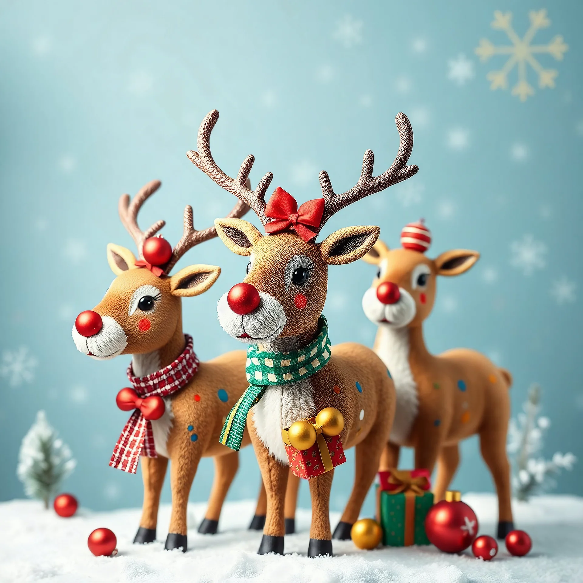 Create multicoloured reindeer with gifts and colour balls light blue spruce snowflakes gold winter background