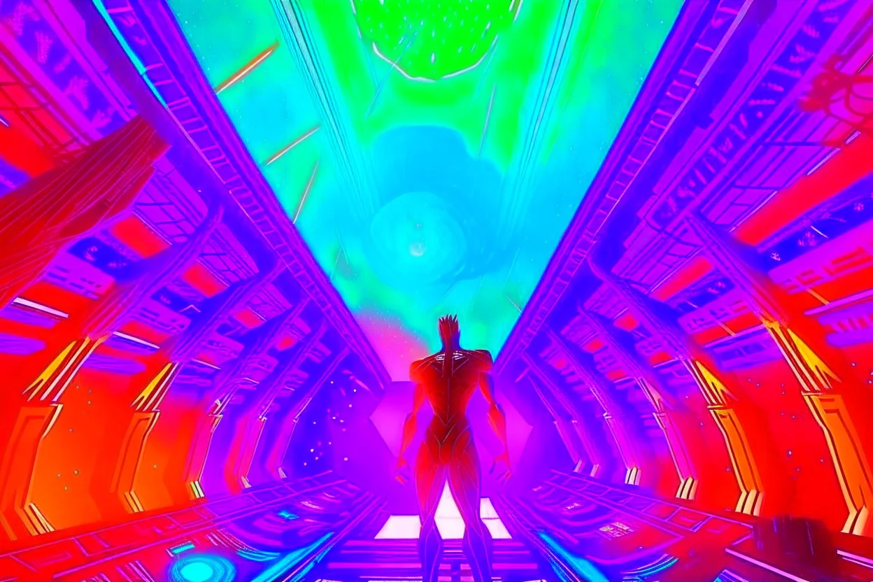 inside spaceship scene guardians of the galaxy type ship, celestial being of light in a humanoid form