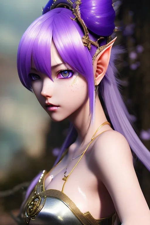 Detailed cute anime Kunoichi elven girl, purple hair buns, purple bangs, white latex bodysuit, intricate details, full body portrait, keep head in frame, slight smile, black Japanese motif, concept art, highly detailed, digital painting, concept art, sharp focus, illustration, art by Yoji Shinkawa, WLOP and greg rutkowski and alphonse mucha and artgerm and yanjun Chen and Junji ito and Makoto Shinkai, HDR, octane render