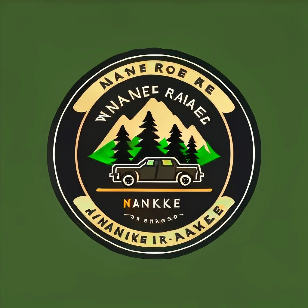 logo for a shop that installs tires and does oil changes, inside a shape with squared top and rounded bottom, in the style of national parks stickers