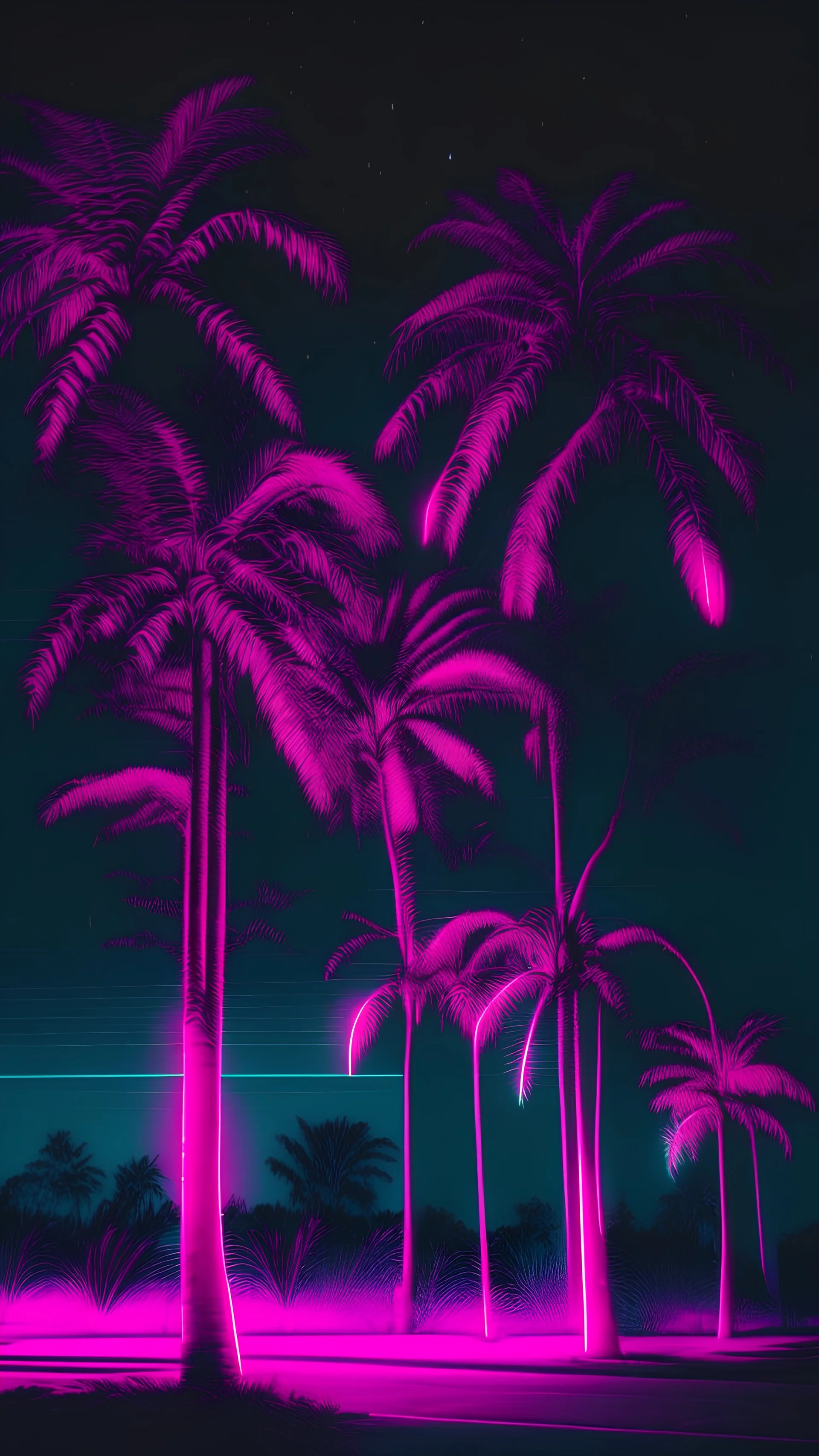 1980s aesthetic glowing pink vaporwave palm trees at night in the dark