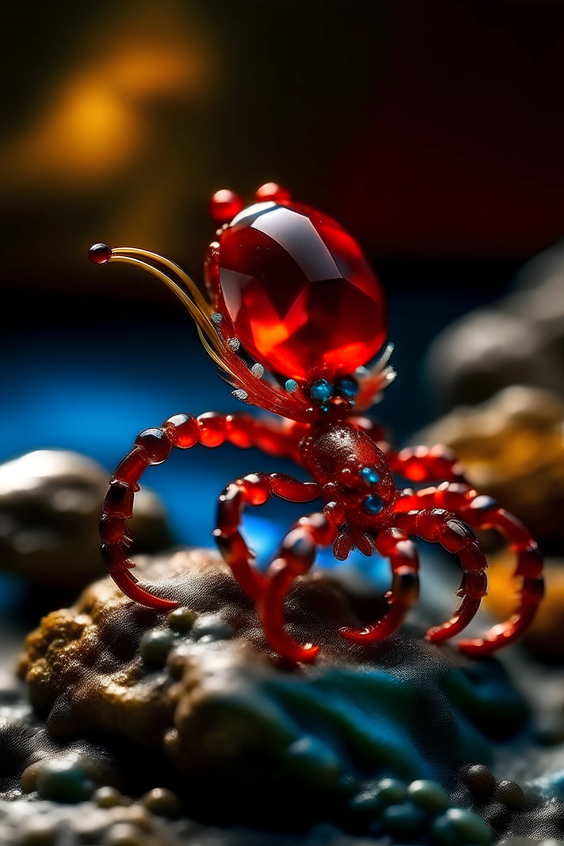 Witness the fiery elegance of this sea Ant, harmonizing red tones with ethereal crystal designs beneath the waves.