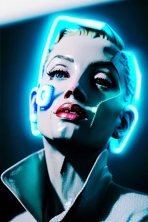 Ultra Realistic image, portrait, blonde woman, Marylin Monroe face, perfect iris, glow eyes, glow makeup. Cyborg, Cyberpunk, ghost in the shell style, oversized tight latex dress. fog, rain, soft color, highly detailed, unreal engine 5, ray tracing, RTX, lumen lighting, ultra detail, volumetric lighting, 3d, finely drawn, high definition, high resolution.