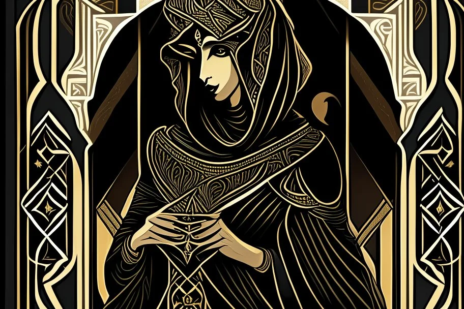 Stylized Arabian Nights aristocrat, In the style of Tarot and Art Deco, Black colours