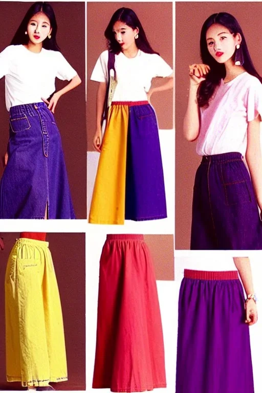 year 1996 denim fashion. Loose skirt, low waist. Colors: denim blue, blue, purple, cream, khaki, light green, lilac, plum, orange, terracotta, red, light yellow, lion yellow, pink, dark blue, beige.